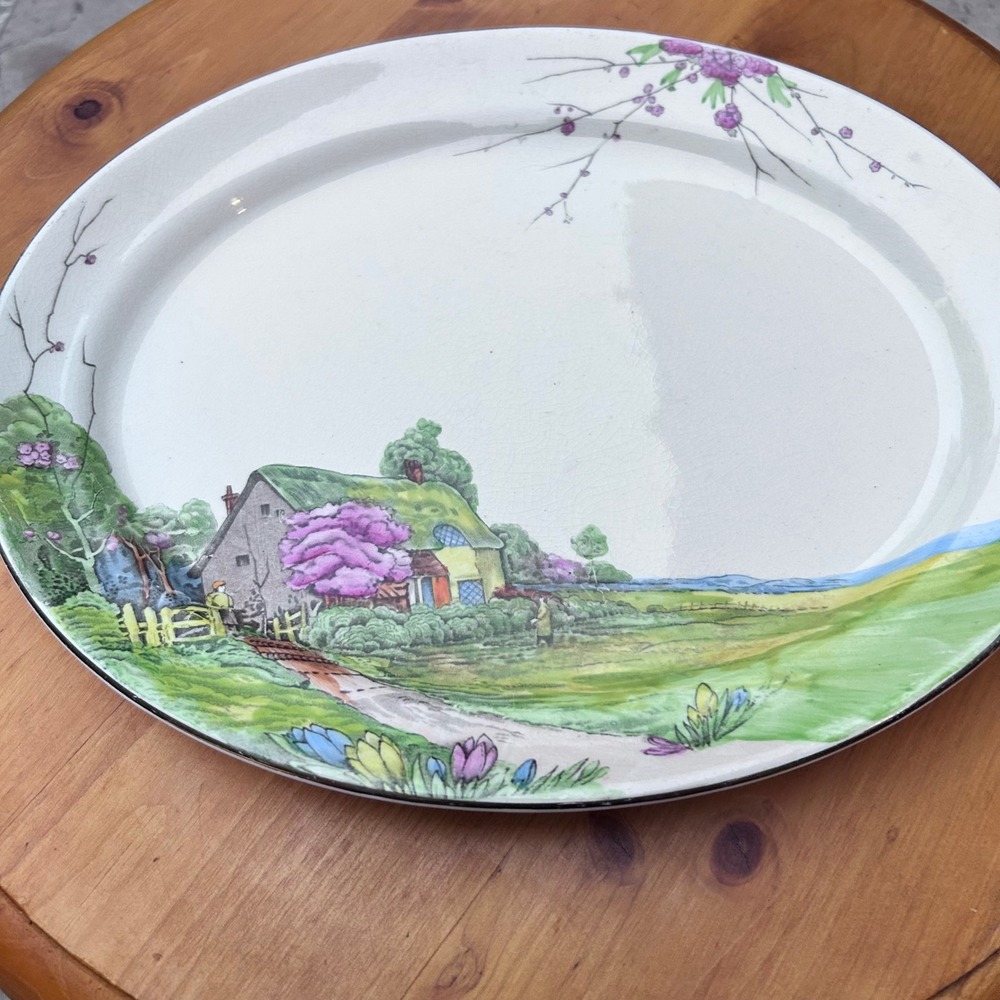 Vintage Surrey Cottage Landscape Serving Platter Pink Oval Crownford China